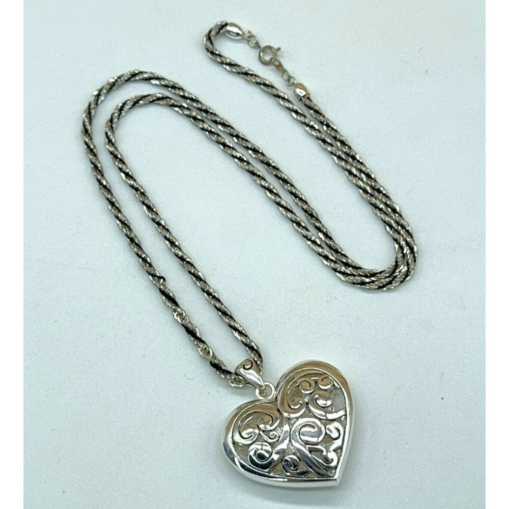 Puffy Heart Necklace Silver Tone Open Work Scroll Design Black Silver Rope Chain